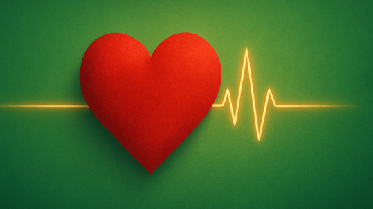 Close-up of a healthy, beating heart illustration overlaid on an EKG line fading into a clean, green background symbolizing heart disease reversal.