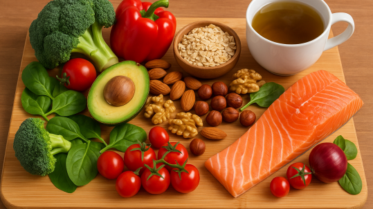 A colorful plate featuring berries, leafy greens, nuts, grains, fish, and a cup of tea representing the five heart-healthy food groups.
