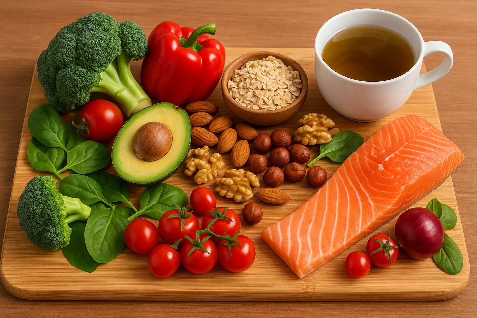 A colorful plate featuring berries, leafy greens, nuts, grains, fish, and a cup of tea representing the five heart-healthy food groups.