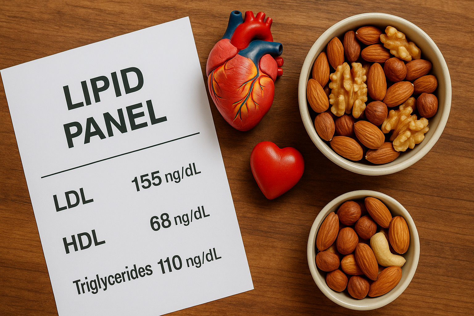 Close-up of a lab report showing LDL, HDL, and triglyceride values next to a heart model and healthy nuts.