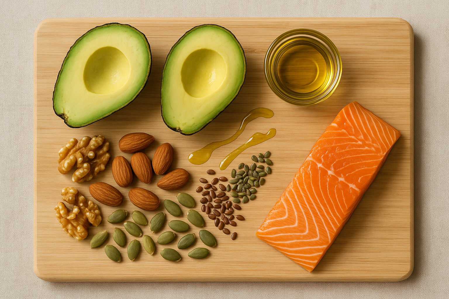A selection of healthy fats: avocado halves, olive oil, nuts, seeds, and wild salmon fillet arranged on a cutting board.