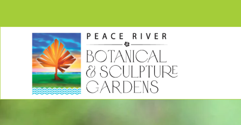 Logo of Peace River Botanical & Sculpture Gardens with an orange leaf icon and artistic backdrop representing water and sky.
